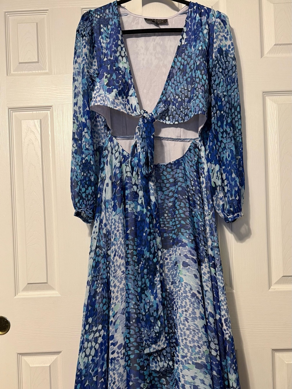 Blue Multi-Print Long Sleeve Tie-Front Maxi Dress